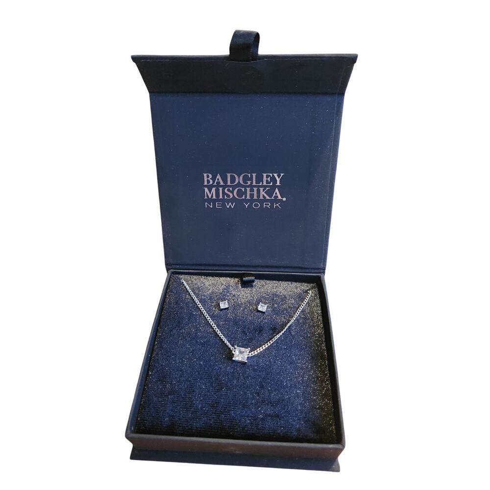 Badgley Mischka CZ Princess Cut Necklace & Stud Set NIB Gift